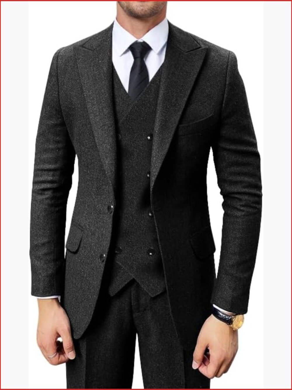 Retro 3 Piece Tweed Herringbone Suit Set Jacket Vest Pants for Wedding Prom - Picture 1 of 7